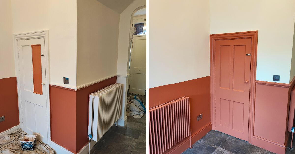 split image of the before and after images for a decorative painting project of the hall of a flat, painting doors and door frames in south dublin