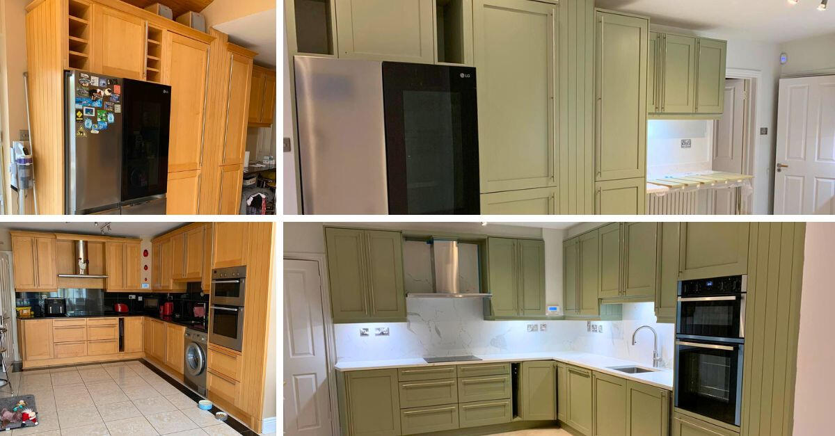 split image of the before and after images for paintingproject of a spacious kitchen cabinets in south dublin