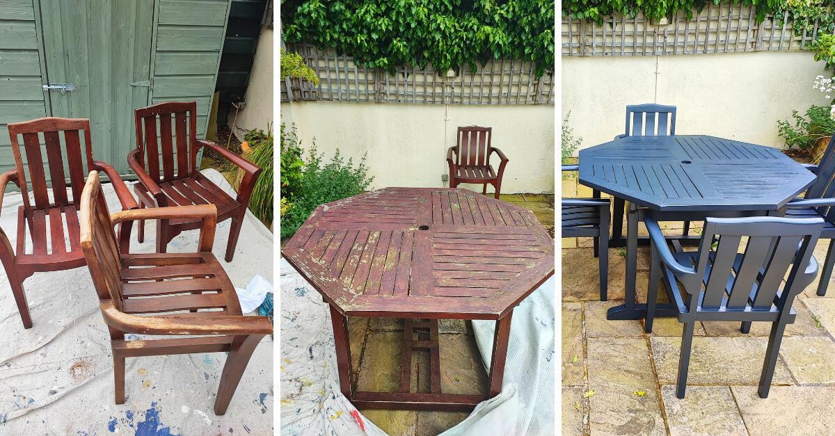 split image of the before and after images for a refinishing wooden chairs and table painting project