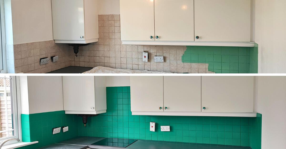split image of the before and after images for a kitchen painting project of kitchen walls and tiles in Dublin
