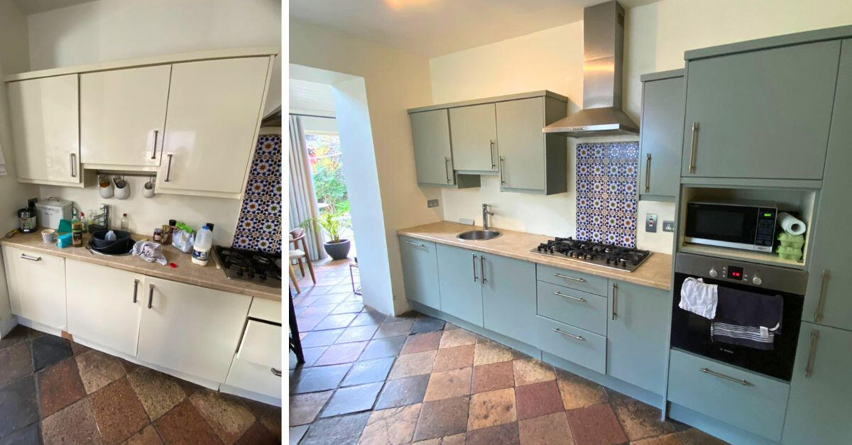 split image of the before and after images for painting kitchen cabinets of a client in south dublin